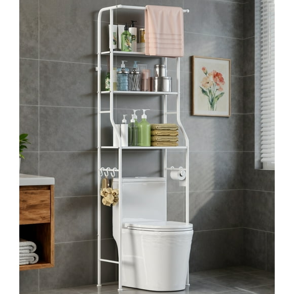 Riousery 3-Tier Over-the-Toilet Storage Rack with Hanging Rod, Bathroom Organizer Shelf, Freestanding Above-Toilet Stand for Bathroom & Laundry, White