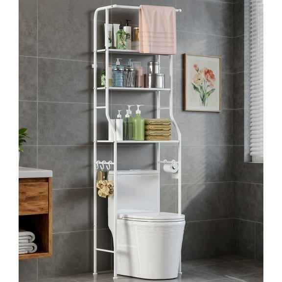 Riousery 3-Tier over-the-toilet Storage Rack with Hanging Rod, Freestanding Bathroom Organizer, White