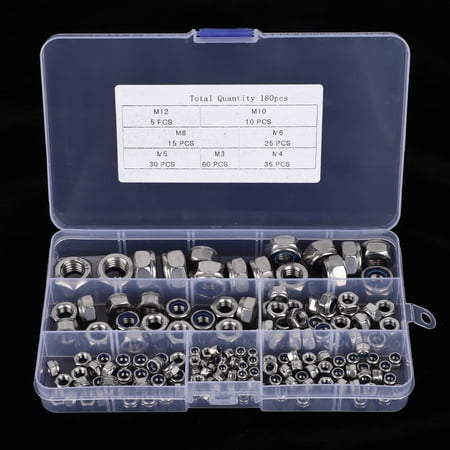 Riousery 304 Stainless Steel Self Locking Hex Nuts Assortment Kit, Premium Nylon Insert Locknut Fasteners Set M3 M4 M5 M6 M8 M10 M12 (180 Pieces / 180 Pcs, 17.00 x 10.00 x 3.00 inches)