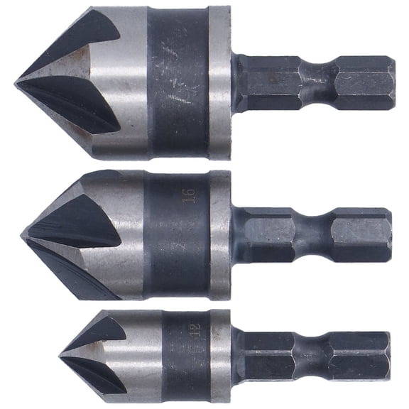 Riousery 3Pcs Chamfer Drill Bit 5 Flute Hex Shank High Speed Steel Woodworking Countersink Hole Opener Set, 90 Degree Industrial Cutting Tool for Wood Plastic Chamfering, 12mm 16mm 19mm / 0.5-0.75 in