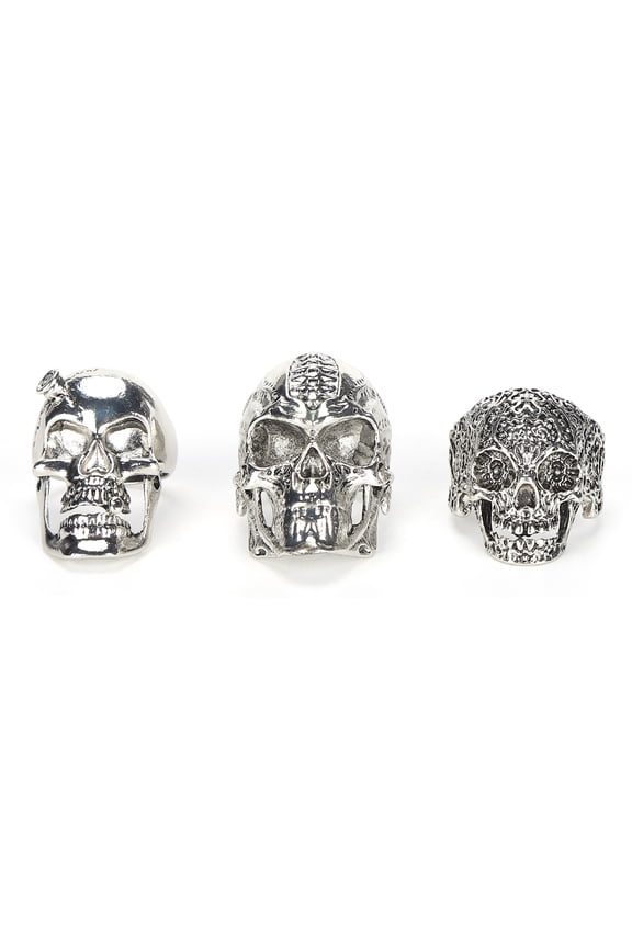 3pcs Skulls Rings Alloy Fashionable Ring Set Vintage Silver Cosplay Skull Rings for Men 2.76 inches / 7 cm