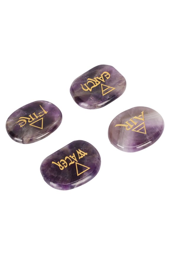 4 Elements Assorted Stones Engraved Triangular Symbols Earth Air Fire Water Polished Rune Stones for Reiki Crystals Healing Amethyst