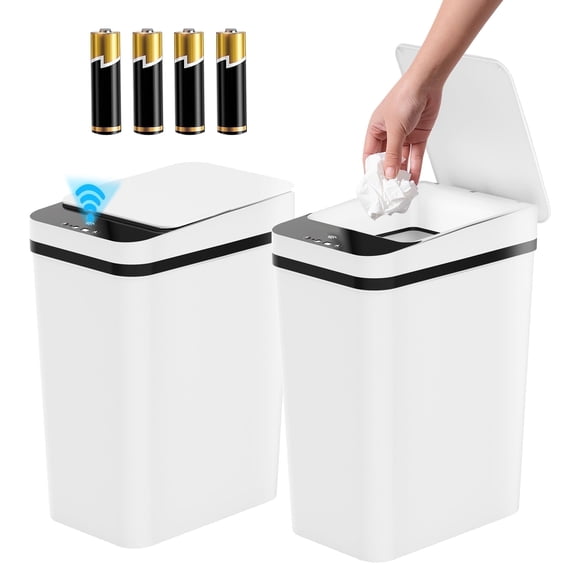 Riousery 2-Pack Touchless Bathroom Trash Can, 3.5-Gallon Slim Automatic Motion Sensor Garbage Can with Lid, White