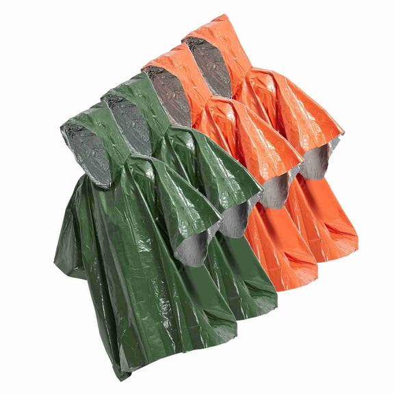 Riousery 4 Pack Emergency Rain Poncho Thermal Blanket Poncho Weather Proof Outdoor Survival Camping Gear - 2 Army Green and 2 Orange Compact Packable Design