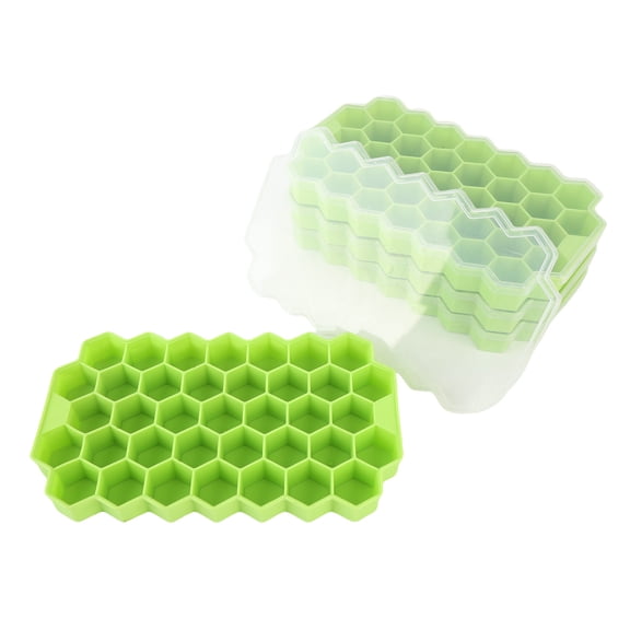 Riousery 4 Pcs Silicone Beehive Ice Cube Tray 37 Grid Easy Release Hexagon Mold with Lids for Freezer, Dishwasher Safe Stackable Ice Maker for Cocktails & Drinks, Green