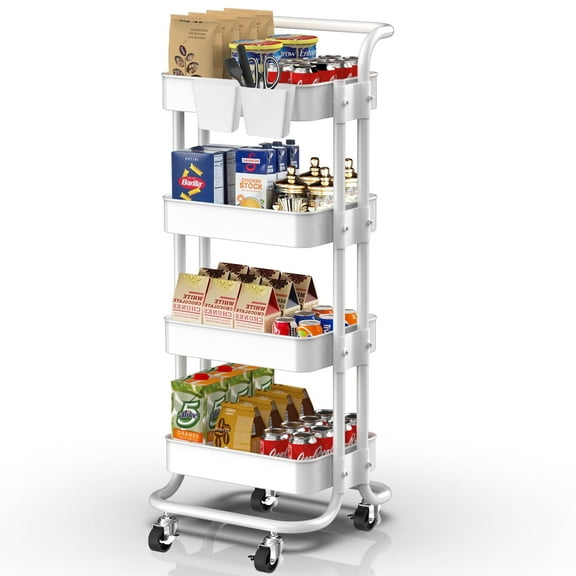 Riousery 4-Tier Utility Rolling Cart with Wheels, Multi-Functional Storage Trolley, Storage Organizer Cart, White