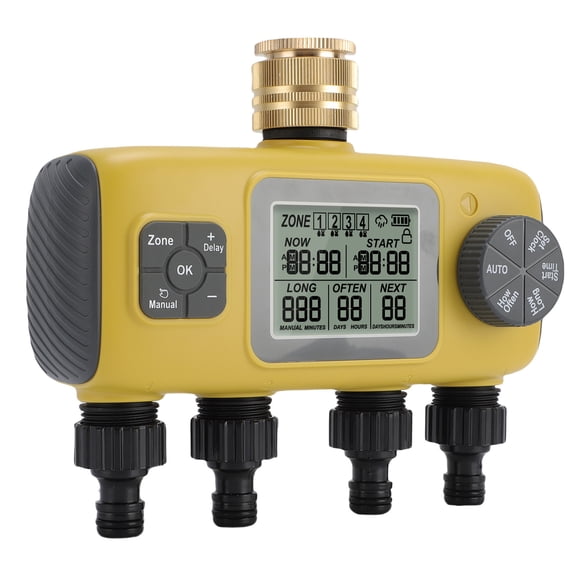 Riousery 4 Zone Independent Programmable Irrigation Water Timer with 3/4in Brass Inlet, IPX5 Waterproof Hose Sprinkler Timer with Rain Delay and Manual Watering for Yard and Lawn (8.27 in / 21 cm)
