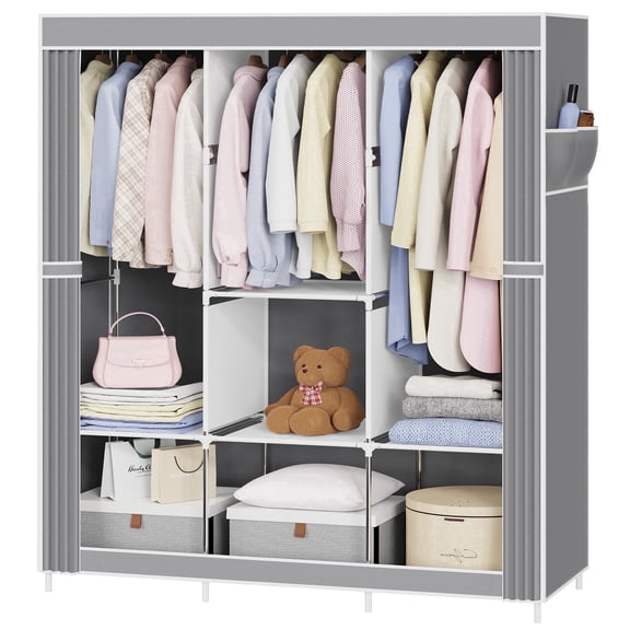 Riousery 49 Inch Portable Wardrobe Closet, Fabric Closet Organizer with 3 Hanging Rods and 6 Storage Shelves, Freestanding Steel Frame, Dustproof Cover, Easy Assembly, Grey