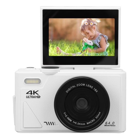 Riousery 4K Digital Camera 64MP UHD 18X Digital Zoom Autofocus Retro Compact Point and Shoot Camera with 3 Inch Flip Screen for Travel Photography Vlogging, White Edition