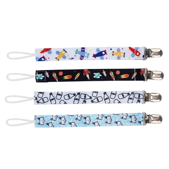Riousery 4pcs Baby Pacifier Clip Chain Printing Polyester Strap Soother Holder for Infant and Toddler, Gender Neutral Colors Leash Teething Toy Attaches to Clothing and Bibs Washable Non-Toxic Multi
