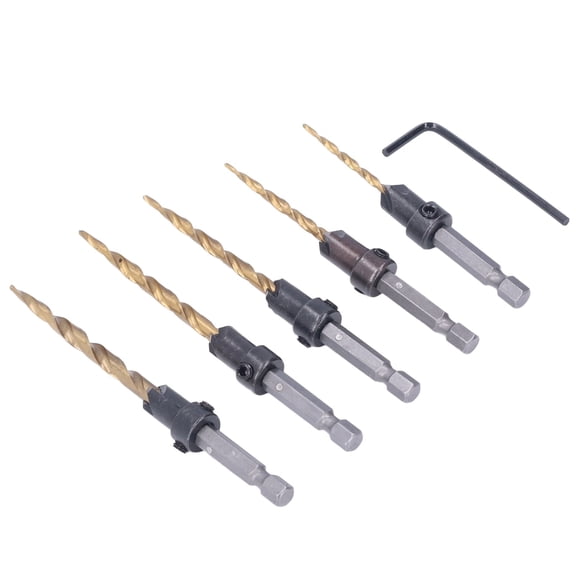 Riousery 5-Piece Countersink Drill Bit Set Hex Shank Imperial Titanium Plated Tapered Drills (5.51 inches / 14.00 cm)