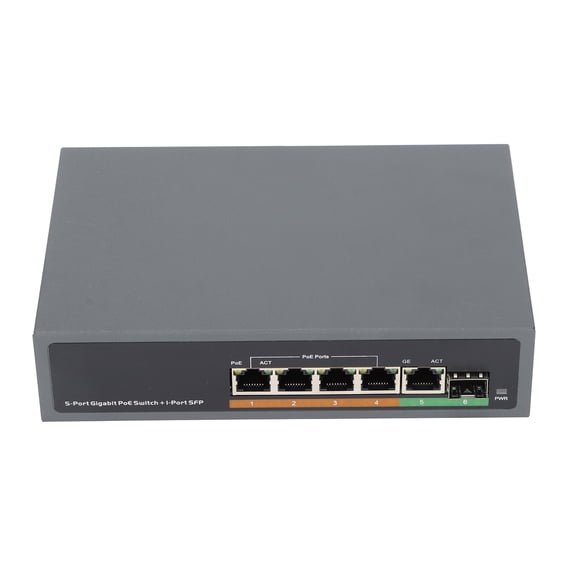 Riousery 5 Port Full Gigabit POE Switch with SFP Optical Fiber Interface, 65W High Performance Network Device, 100-240V EU Plug, Ideal for IP Security Cameras and Wireless Access Points Setup