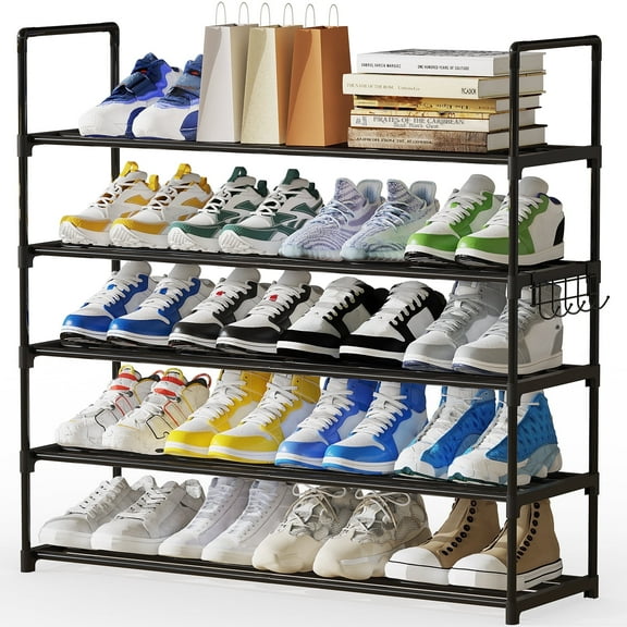 Riousery 5-Tier Adjustable Shoe Rack, Space-Saving Metal Organizer, Holds 25–30 Pairs, Stackable, Customizable Width, Black