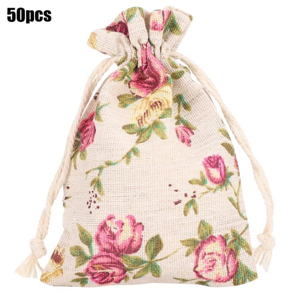Riousery 50 Pcs Burlap Drawstring Gift Bags with Floral Pattern, Rustic Sackcloth Jewelry Packing Pouches for Christmas, Wedding, Birthday Party Favors and Storage, 5.5 in / 14 cm, Beige
