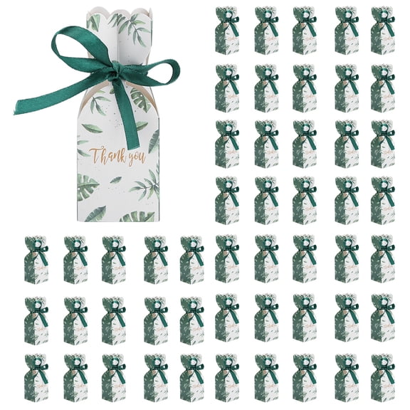 Riousery 50 Pcs Wedding Sweets Box Packaging Premium Party Favor Boxes Green Leaves Pattern Birthday Gift Boxes With Elegant Ribbon For All Occasions (1.97 inches / 5 cm)