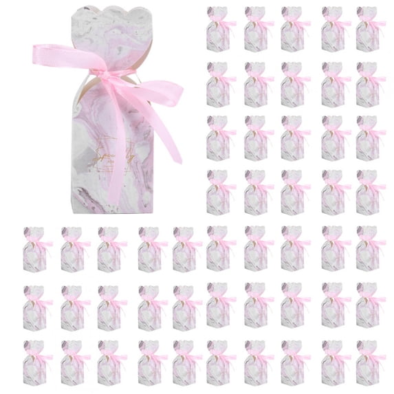 Riousery 50 Pcs Wedding Sweets Box Packaging Premium Party Favor Boxes Pink Marble Pattern Birthday Gift Boxes With Elegant Ribbon For All Occasions (1.97 inches / 5 cm)