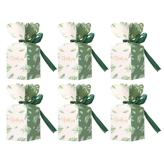 Riousery 50 Sets Green Gift Box with Ribbon THANK YOU Leaf Pattern Candies Boxes Party Favors for Gift Packaging Wedding (1.97 inches / 5 cm)