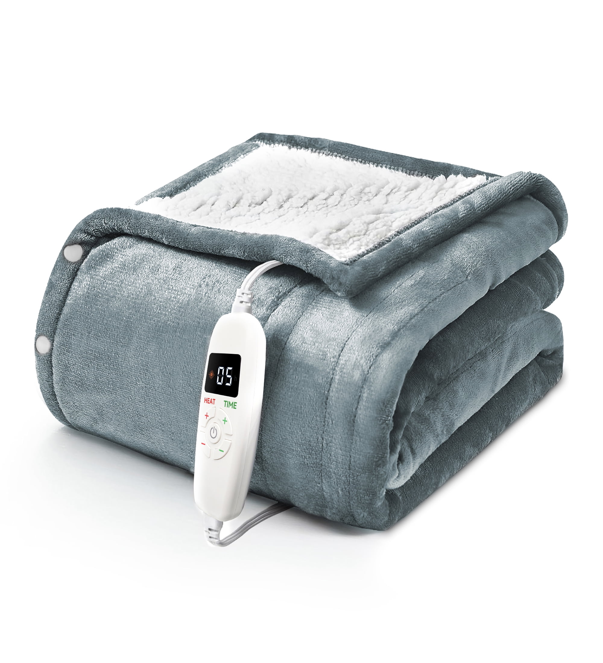 Riousery 50" x 60" Electric Heated Blanket with 10 Heating Levels & 1-8H Auto-off, Machine Washable Flannel & Sherpa, Gray & White