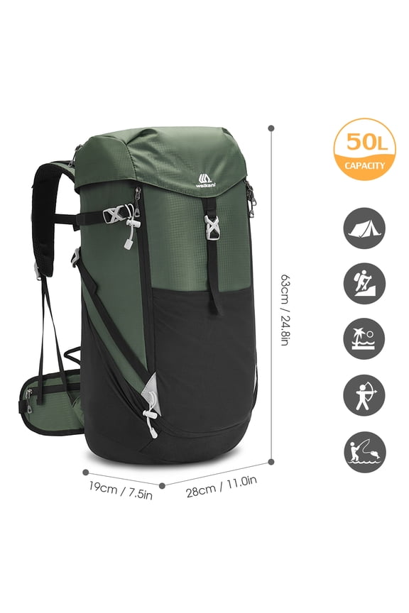 50L Waterproof Mountaineering Backpack, Large Capacity Outdoor Running and Travel Daypack for Hiking, Camping, Bicycle Riding, Breathable Sports Bag, Green (24.8 in / 63 cm)