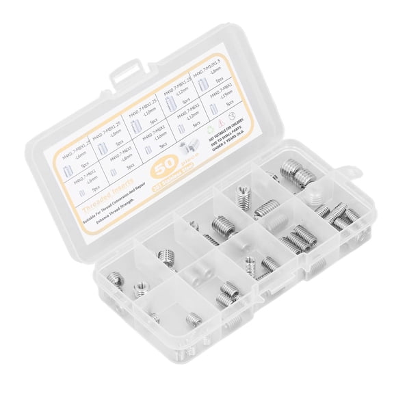 Riousery 50Pcs Threaded Inserts 303 Stainless Steel Assortment Kit with Storage Box Silver Hardware Accessories for Wood Metal M4 M6 M8 M10 Thread Repair Protection High Holding Power 50 Pieces