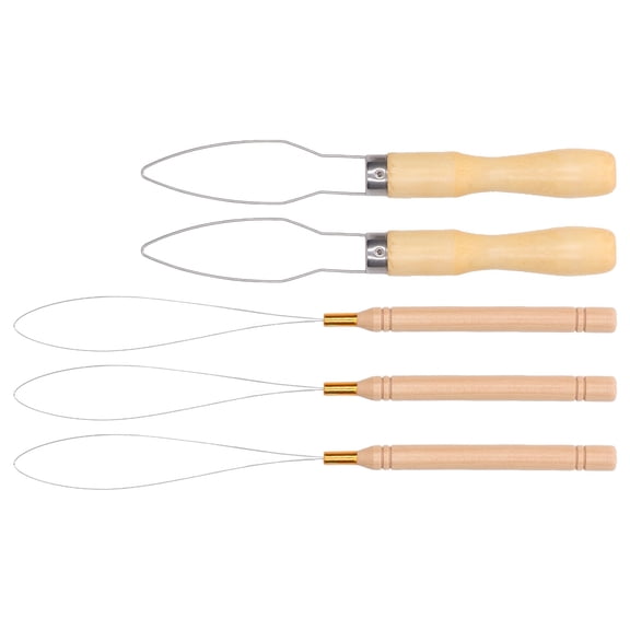 Riousery 5Pcs Wooden Hair Extension Loop Needle Threader Wire Pulling Hook Bead Tool for Making Buttons Elastic Bands Pulling Cords Arts Crafts Sewing Accessories Beige Silver