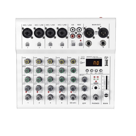 Riousery 6 Channel Mini Sound Mixer DJ Controller with BT MP3 Player 48V Phantom Power Built-in Guitar Amp Portable Console for Studio Recording Live Streaming Karaoke, White