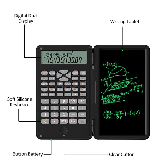 Riousery 6 Inch Scientific Calculator with LCD Writing Tablet, 12-Digit Display Foldable Financial Calculator for High School and College Students, Includes 240 Functions and Stylus, Black