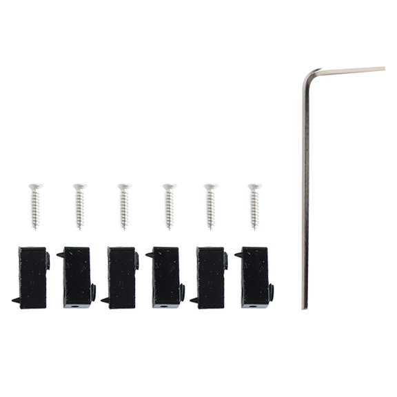 Riousery 6 Pieces Black Metal Guitar String Locking Nut Triangular Headless Guitar String Locks with Wrench and Screws Replacement Parts, 0.65 in / 1.65 cm [cite: 8, 9, 12]
