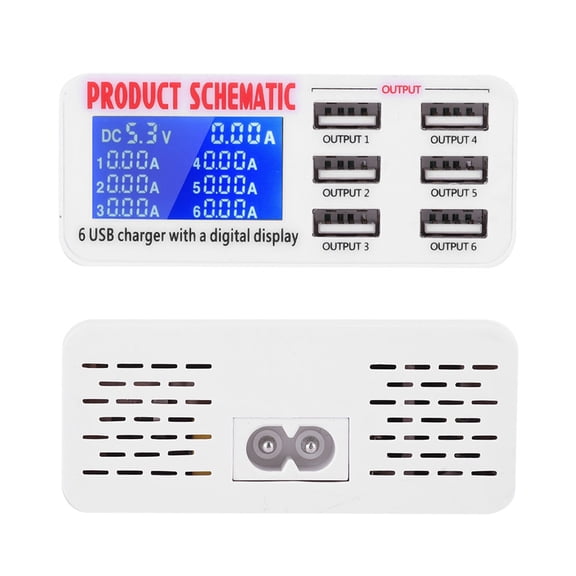 Riousery 6-Port 6A USB Charging Station Dock with LCD Display, Universal 110-240V Desktop Multi-Port Charger Hub for Smartphones and Tablets, White (3.5 inches / 9 cm)