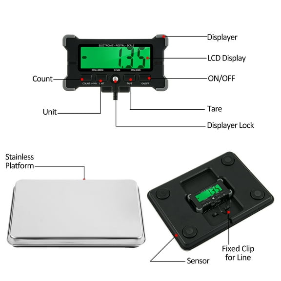 Riousery 661 Lbs Electronic Postal Scale 50g Precision Integrated Stainless Steel Digital Scale with LCD Backlight Auto off Data Hold Tare Count