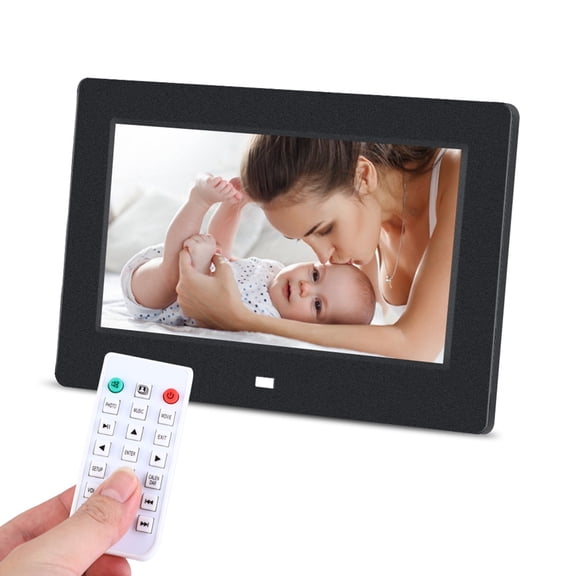 Riousery 7-Inch Digital Photo Frame, 1024x600 HD Display, Music and Video Player, Alarm Clock, Includes Remote Control and Bracket, Black (UK Plug)