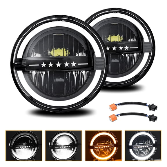 Riousery 7 Inch Round LED Headlight Assembly 2 Pack DC 9-32V with White High/Low Beam Amber Turn Signal DRL IP67 Waterproof 10400LM for Cars Trucks Motorcycles (7.01 inches / 17.8 cm)