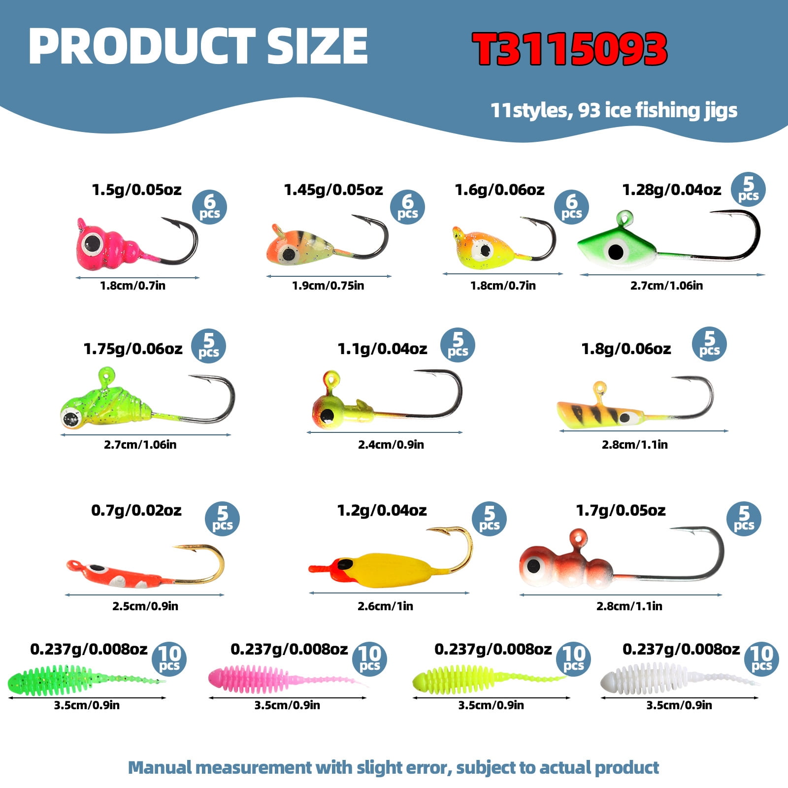 Riousery 93pcs Ice Fishing Jigs Kit, Includes Assorted Jig Heads, Hooks, and Soft Lures for Catching Bass, Trout, and Walleye (7.08 inches / 18 cm)