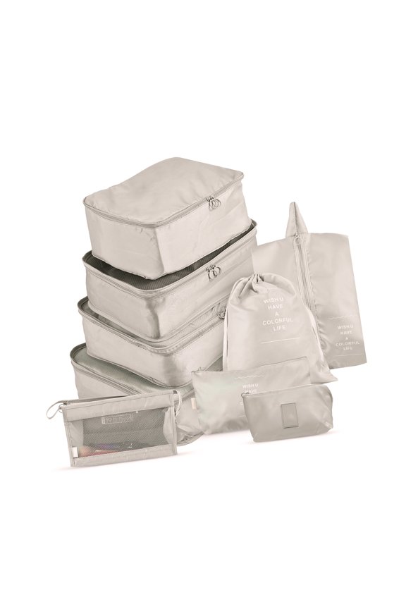 9PCS Set Travel Organizer Suitcase Packing Cubes Storage Bags Foldable Clothes Shoe Tidy Pouch, Beige (13.78 in / 35 cm)