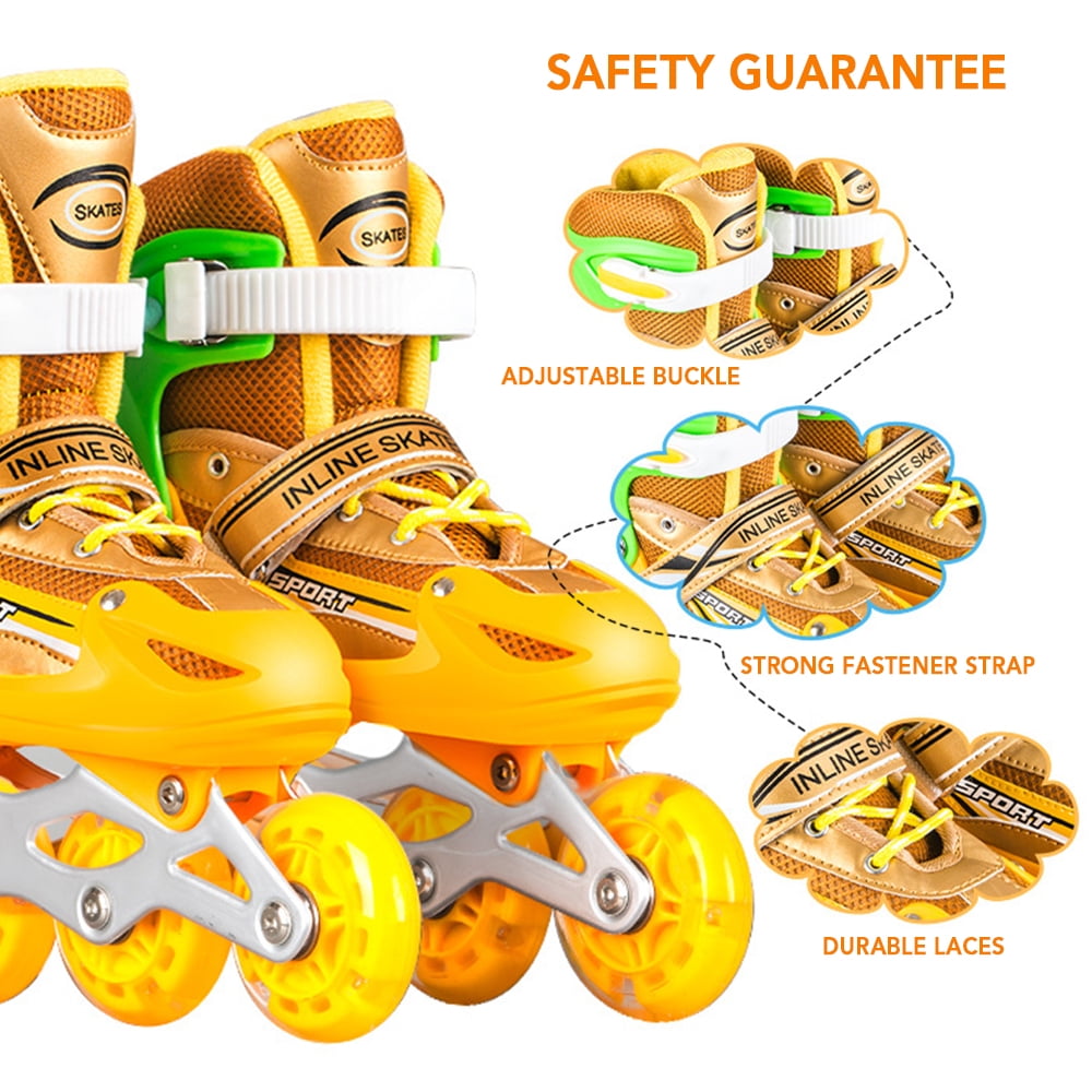 Riousery Adjustable Inline Skates with Light Up Wheels for Kids and Adults Indoor Outdoor Fitness Recreational Roller Skates for Boys Girls Men Women, Golden, Size Small (13.6 in / 34.5 cm)