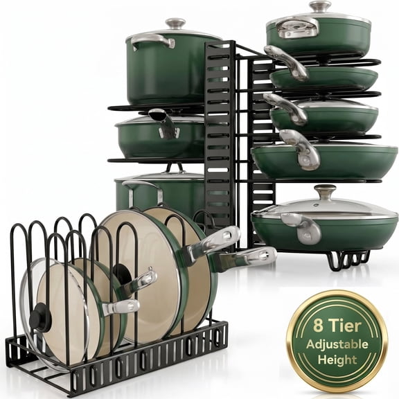 Riousery 8-Tier Pot and Pan Organizer, Adjustable Dividers with 3-Way Assembly, Tool-Free Cookware Storage Rack