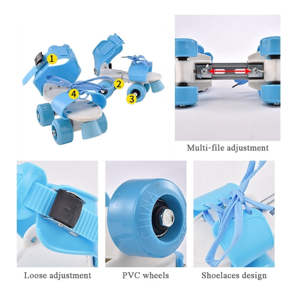 Riousery Adjustable Size Children Roller Skates Double Row 4 Wheel Skating Shoes for Beginners Girls Boys Blue 7.1-9.1 Inches