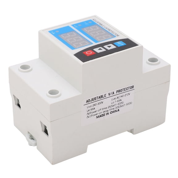 Riousery Adjustable Over Under Voltage Protector 63A, Current Limit Din Rail 2 Display Self Resetting Protective Device, 240V~300V Electrical System Relay (3.94 inches / 10 cm)