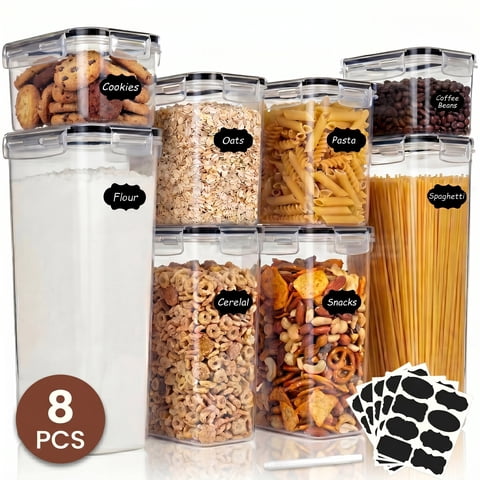 Riousery 8-Piece Airtight Food Storage Containers, BPA-Free Plastic Pantry Canisters with Lids for Cereal, Flour, Dry Food, Includes Labels and Marker