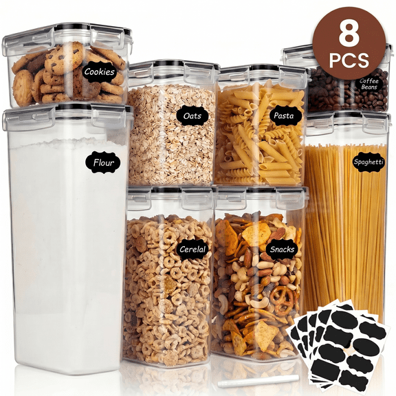 Riousery 8-Piece Airtight Food Storage Containers, BPA-Free Plastic Pantry Canisters with Lids for Cereal, Flour, Dry Food, Includes Labels and Marker