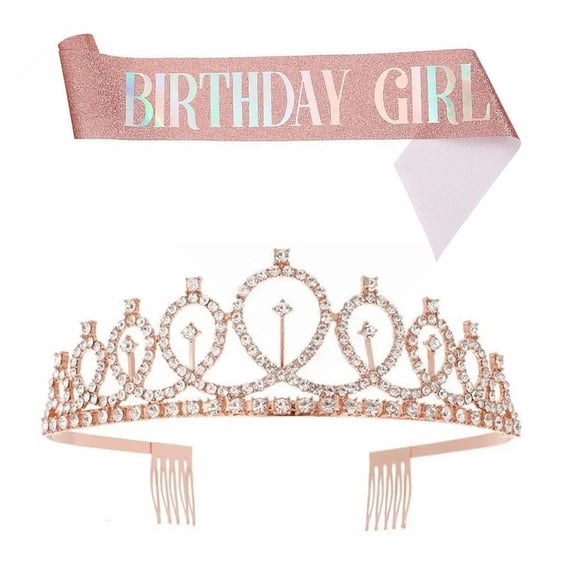 Riousery Birthday Queen Sash Rhinestone Tiara Kit Beautiful Birthday Crown for Women Girls Party Favors Set, 5.1 inches / 13 cm Crown Width, Adjustable Shoulder Strap 62.4 inches / 160 cm, Silver