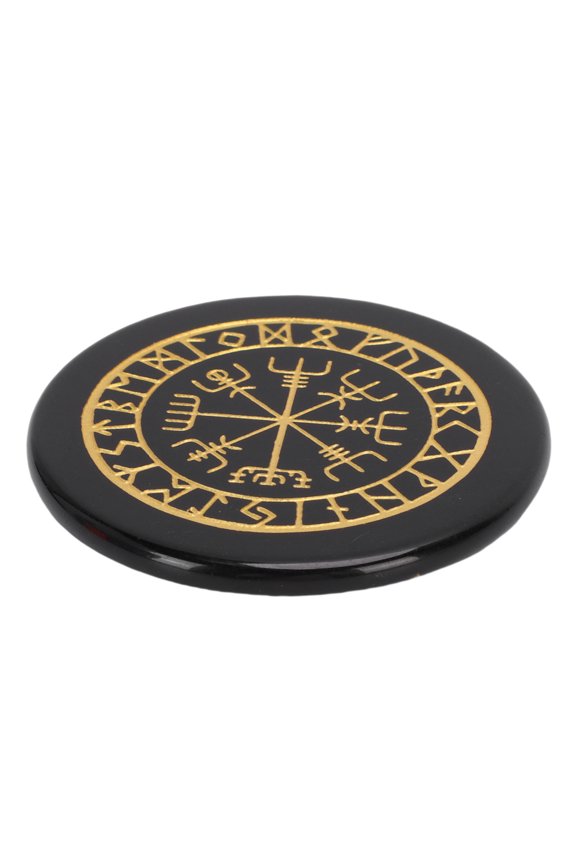 Black Obsidian Rune Stone with Gold Pattern Engraving, Portable Round Polished Crystal Pocket Worry Stone for Home Travel Office Meditation, Black (4.7 inches / 12 cm)