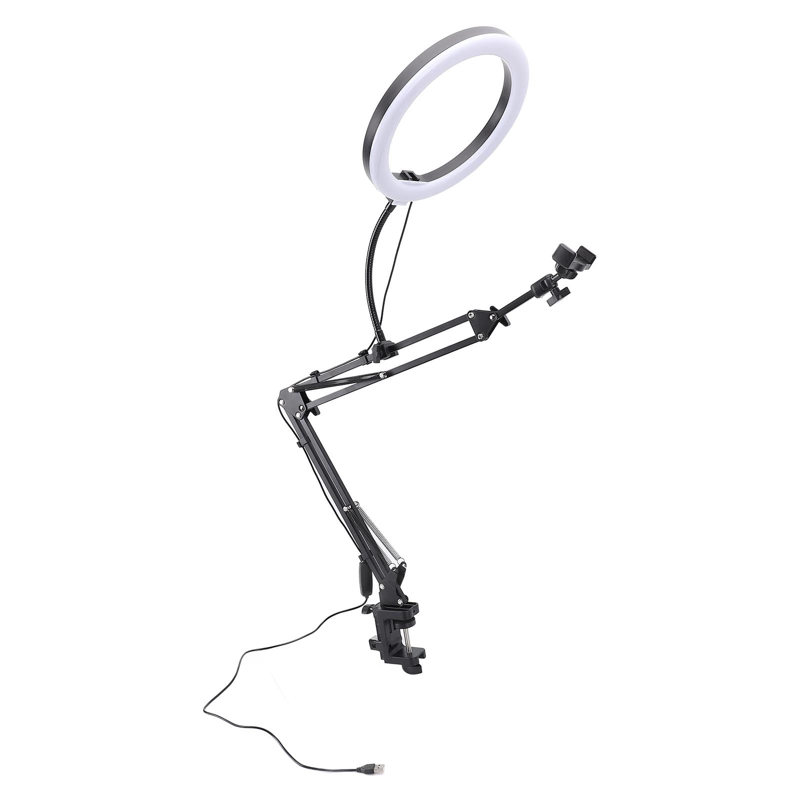 Riousery Clamp Ring Light Over Head Desktop Stand with Phone Holder Dimmable LED for Live Streaming Makeup Crafting Video Recording Max 4.5cm Thickness 14.96 inches / 38 cm Arm