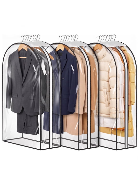 Clear Garment Bags for Closet Storage, 3 Pack Hanging Clothes Covers with 10" Gusset, Waterproof PEVA Suit Bags with Side Zipper for Dresses, Jackets and Coats