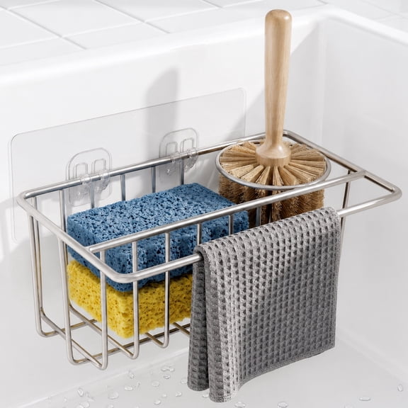 Riousery Kitchen Sink Caddy, Adhesive Sponge Holder, 6.7 x 4.0 x 2.9 in, Stainless Steel, 3-in-1 Organizer with Dishcloth Bar