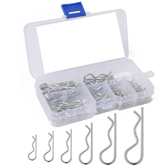 Riousery Cotter Pins 100pcs R Clips Hitch Pin Clip Assortment Kits, 6 Sizes Carbon Steel Heavy Duty R Pin Fasteners for Cars, Machinery, Trailer Hitch, Garages, Workshops, Power Equipment, 100 Pack