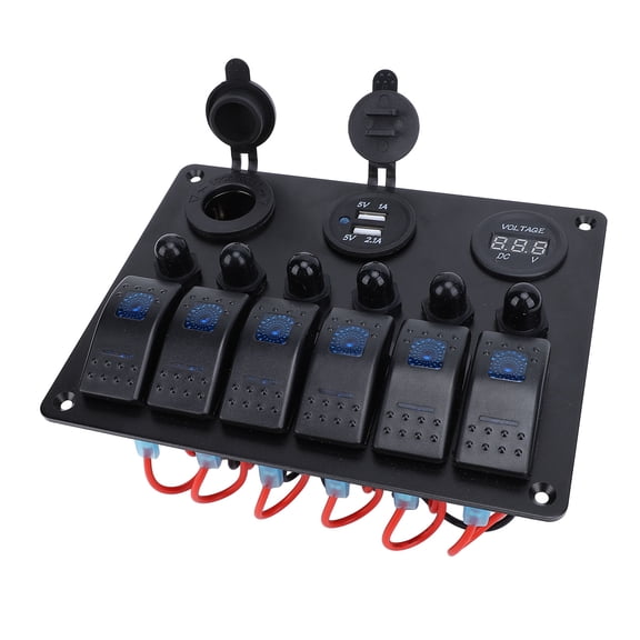 Riousery DC 12-24V 6 Gang Rocker Switch Panel Dual USB Charger Voltmeter for Boat Car RV SUV Blue Light