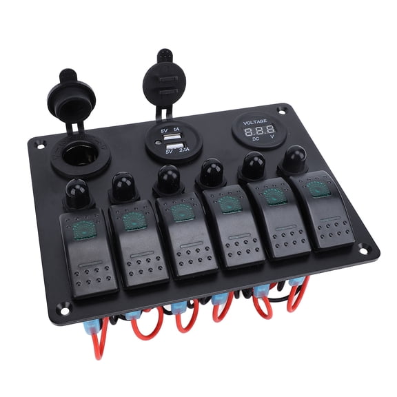 Riousery DC 12-24V 6 Gang Rocker Switch Panel Dual USB Charger Voltmeter for Boat Car RV SUV Green Light