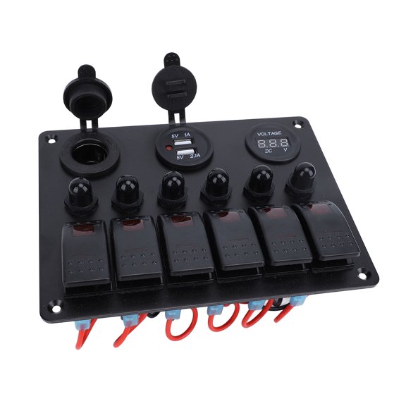 Riousery DC 12-24V 6 Gang Rocker Switch Panel Dual USB Charger Voltmeter for Boat Car RV SUV Red Light