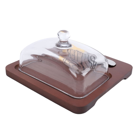 Riousery Dark Brown Butter Dish with Clear Glass Lid & Spreader Knife, Premium Cheese Dessert Storage Tray for Dining Table (7.7x7.5x3.3 inches / 19.6x19x8.5 cm)